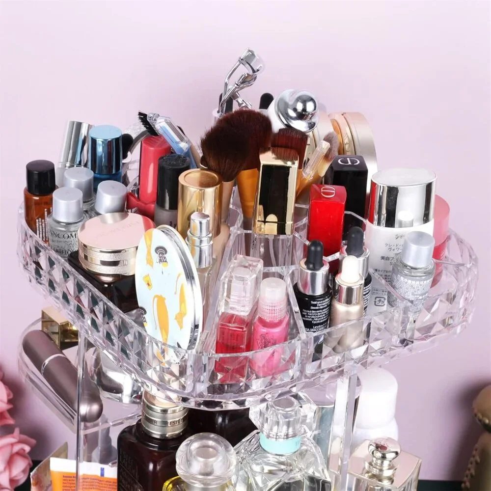 360 Rotating Makeup Organizer,Large Square Clear Acrylic Tiered Adjustable